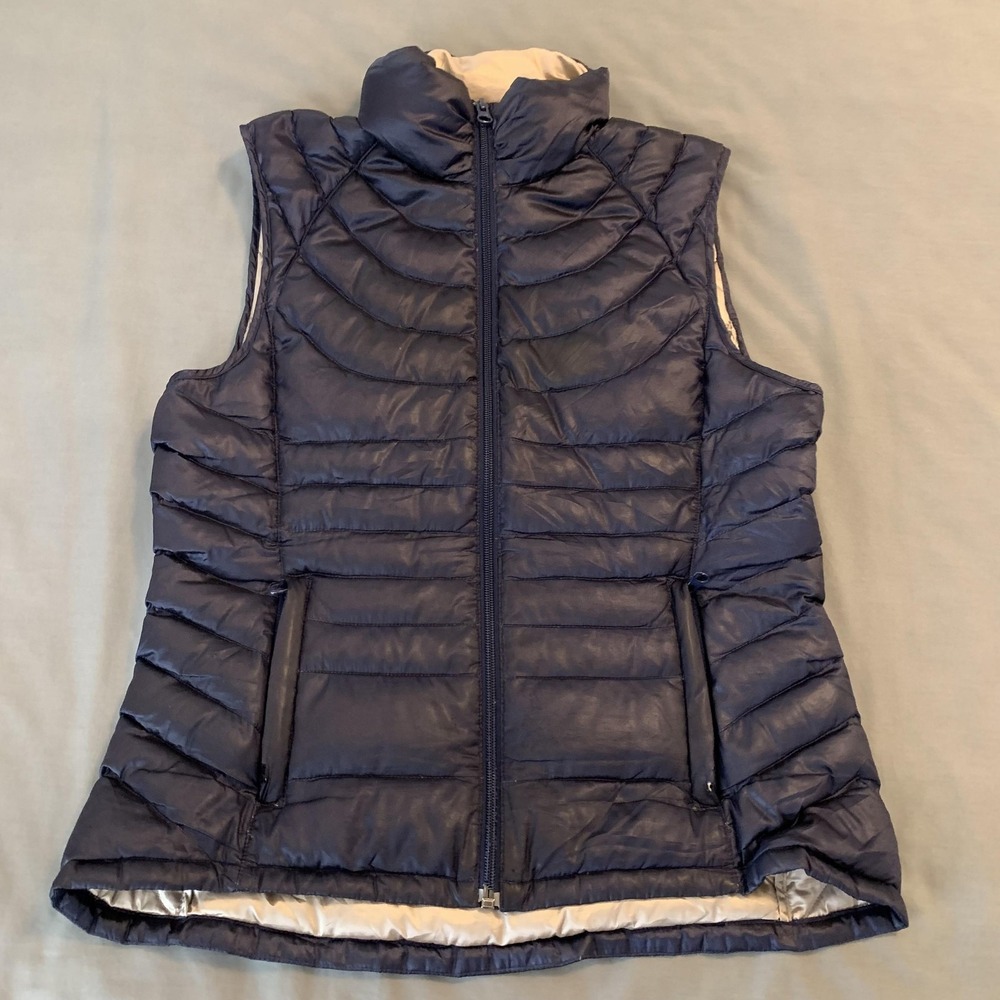 Bernardo Vest‎ Womens Medium Navy Blue Goose Down Quilted Puffer Zip Pockets